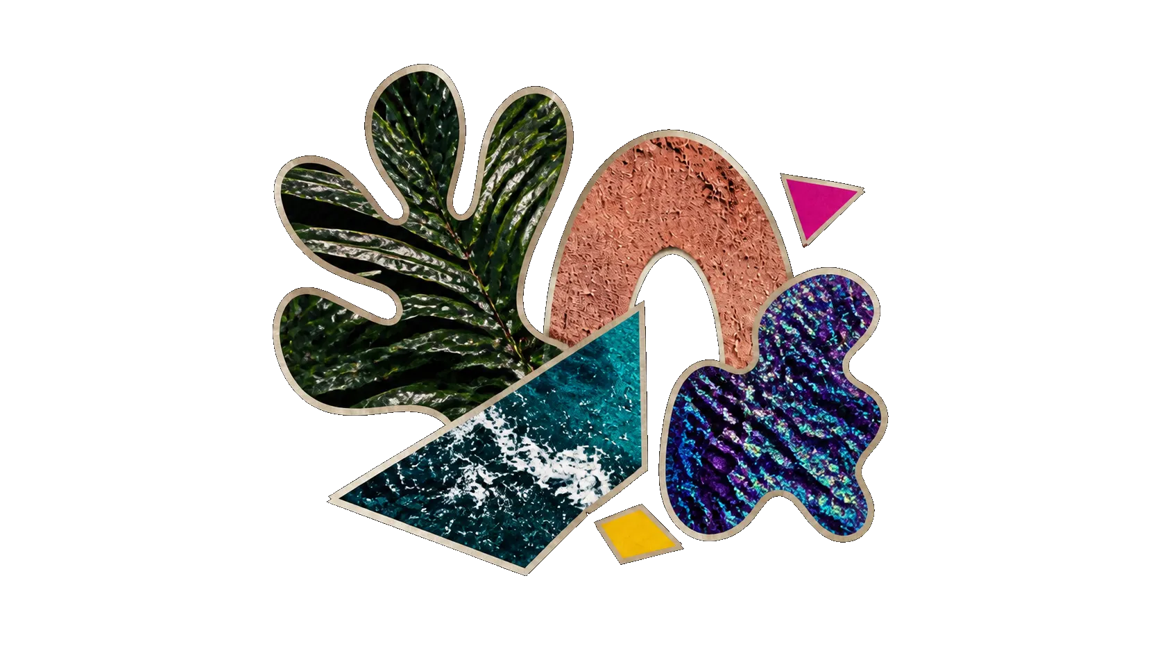 Colourful cut-paper collage made from textured photographic shapes