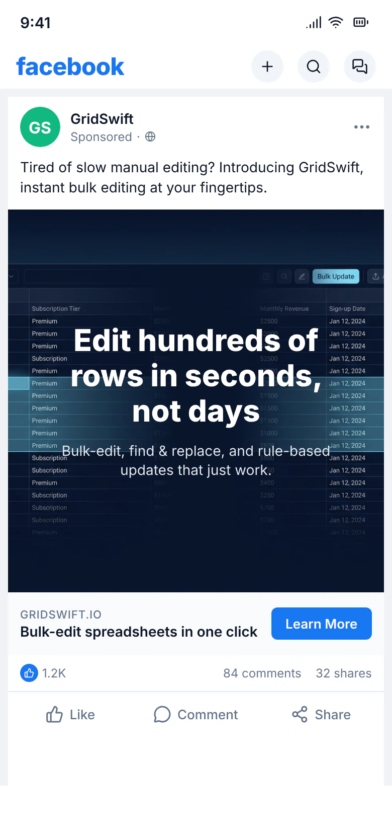 Illustrative Facebook ad using the customer-review line Edit hundreds of rows in seconds, not days