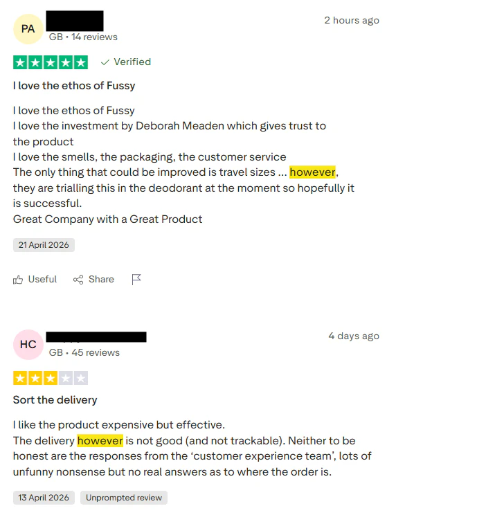 Examples of Fussy Trustpilot reviews containing however, revealing packaging and delivery concerns