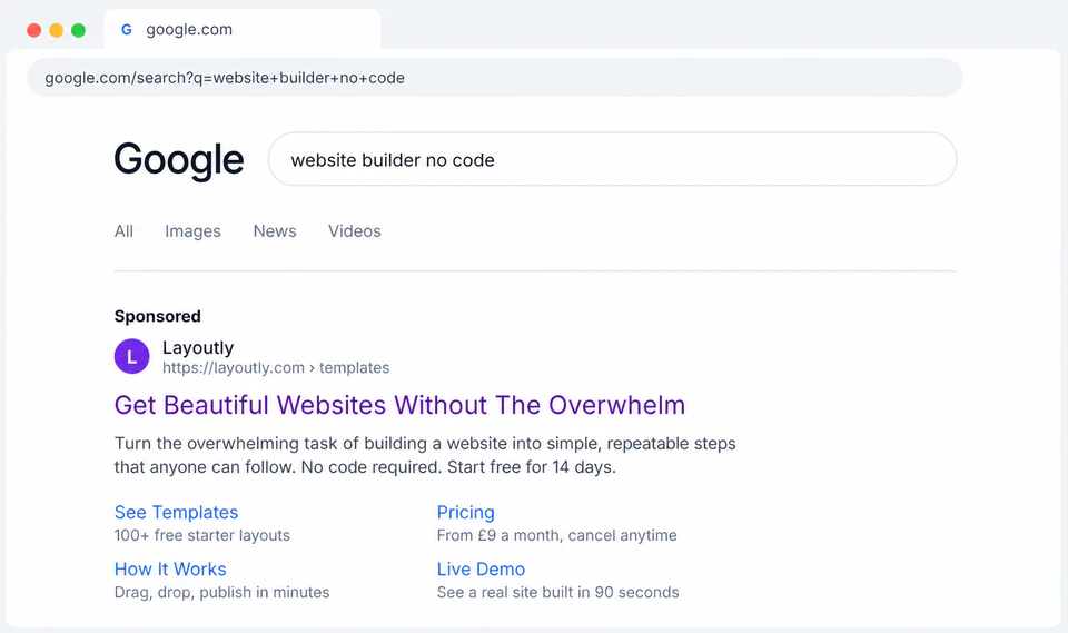 Illustrative Google search ad using customer language about building a website without overwhelm