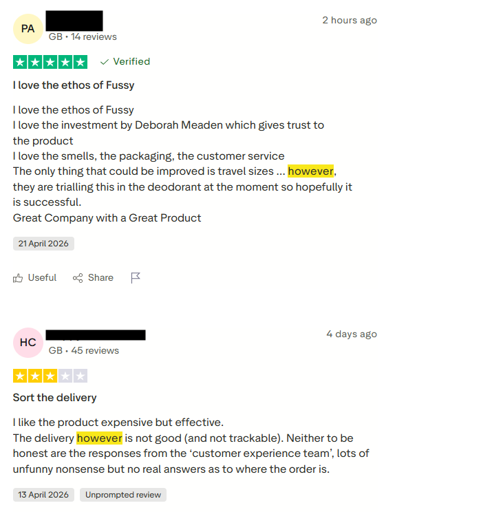 Fussy reviews containing “however”