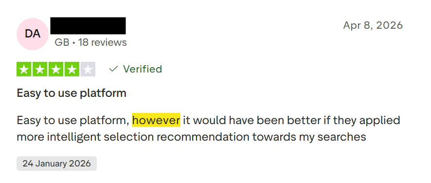 MoneySuperMarket review using however to contrast a positive price with a negative service experience