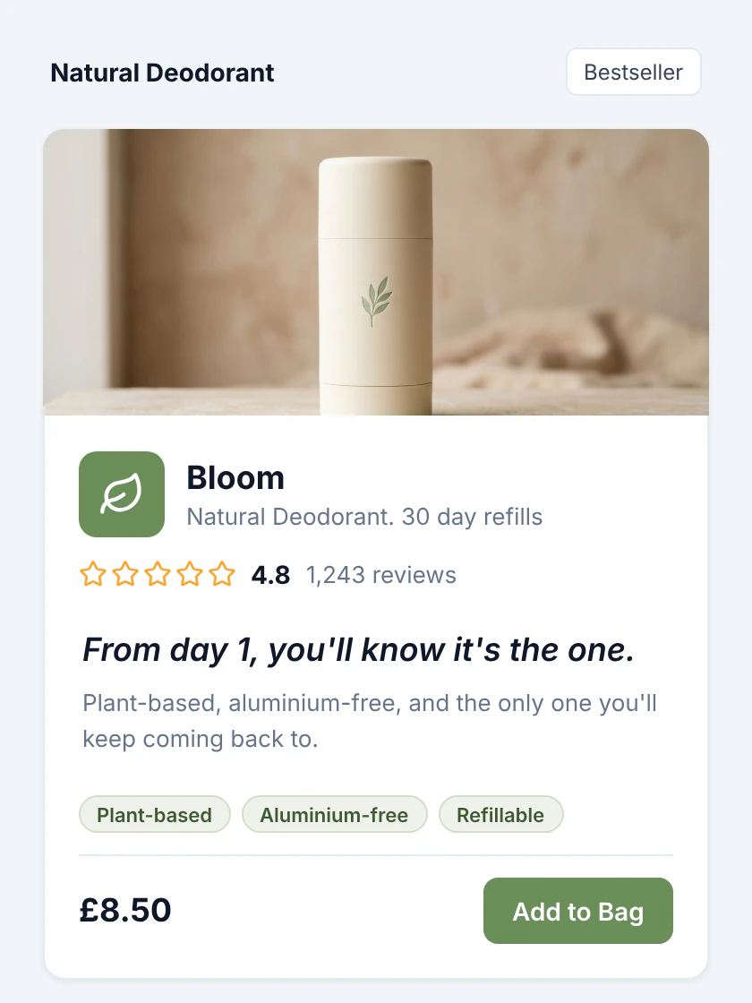 Illustrative product listing card using the customer-review line From day one, you will know it is the one