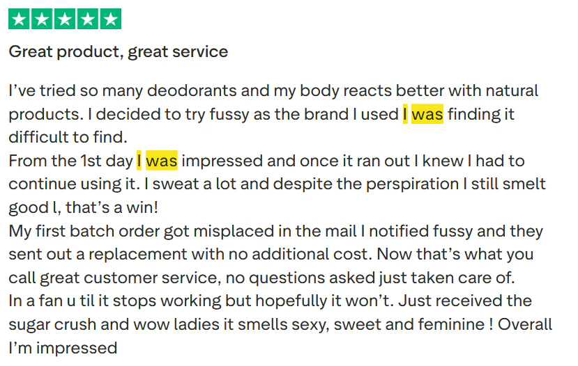 Review excerpts showing how signal phrases reveal customer before-and-after stories